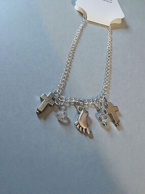 Silver Charm Bracelet / Anklet with Crosses, Foot & Crystal Drops